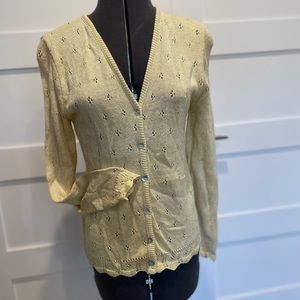 John Roberts, Cardigan Sweater, Cotton/Rayon, Gold with Scalloped Edging, Size 8